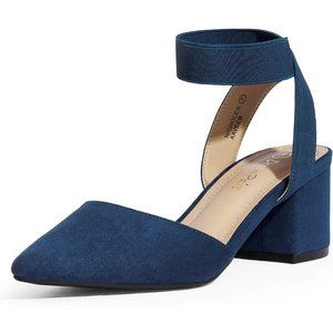 Pointed Toe Low Chunky Heels Pump Navy Suede Shoes  comfort  latex Insole